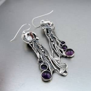 Hadar Designers Handmade Art Long Sterling Silver Genuine Amethyst Earrings Birthday Gift for Her