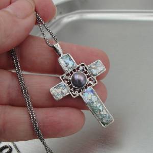 Hadar Jewelry Sterling Silver Pearl Roman Glass Cross Pendant 