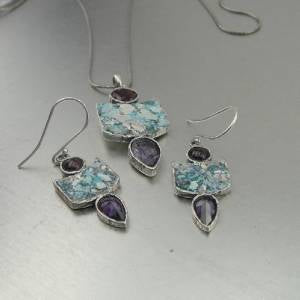 Hadar Designers Handmade 925 Silver Roman Glass Earrings Pendant Set (AS)