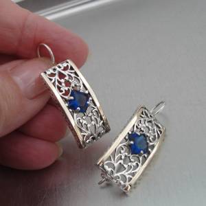 9k Gold 925 Sterling Silver Blue Sapphire Z Earrings