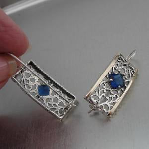 9k Gold 925 Sterling Silver Blue Sapphire Z Earrings