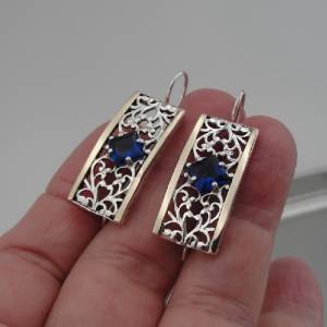 9k Gold 925 Sterling Silver Blue Sapphire Z Earrings