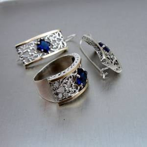 9k Gold 925 Sterling Silver Blue Sapphire Z Earrings