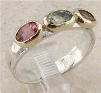 Hadar Designers Handmade 925 Silver 9k Gold Pink Tourmaline Statement Ring Made in Israel