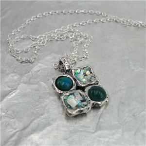 Hadar Jewelry Handmade 925 Silver Antique Roman Glass Green Agate Pendant 