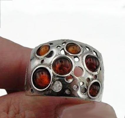 Wide sterling silver with 5 natural Ambers gemstones ring