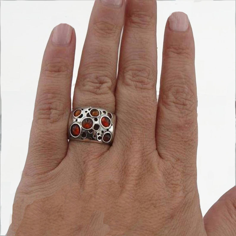 Wide sterling silver with 5 natural Ambers gemstones ring