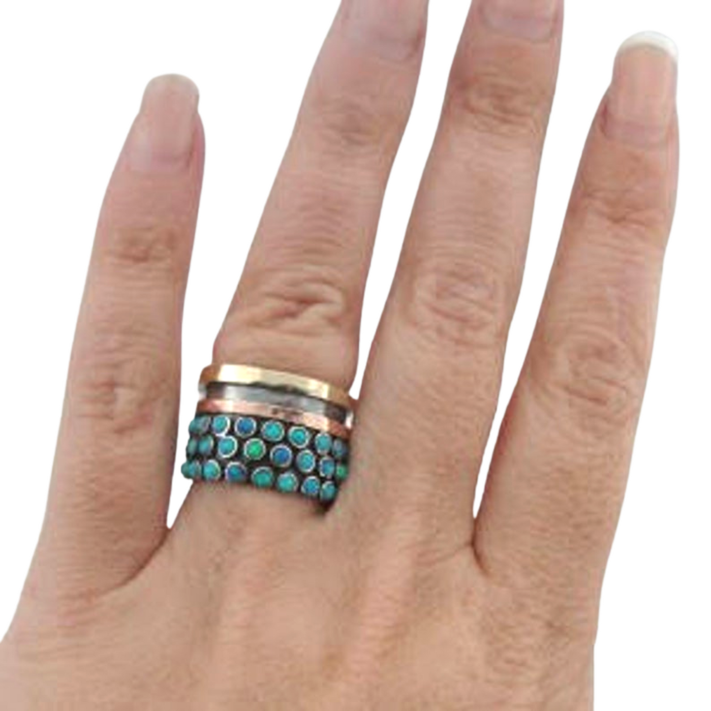 Multi Gemstones Opal Ring With Swivel Yellow Gold and Red Gold Bands Christmas Gift