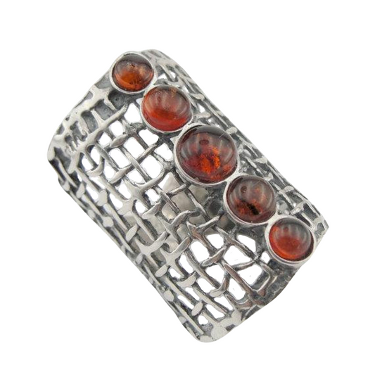 Sculptural sterling silver Net Textured Ring With Natural Amber Gemstones