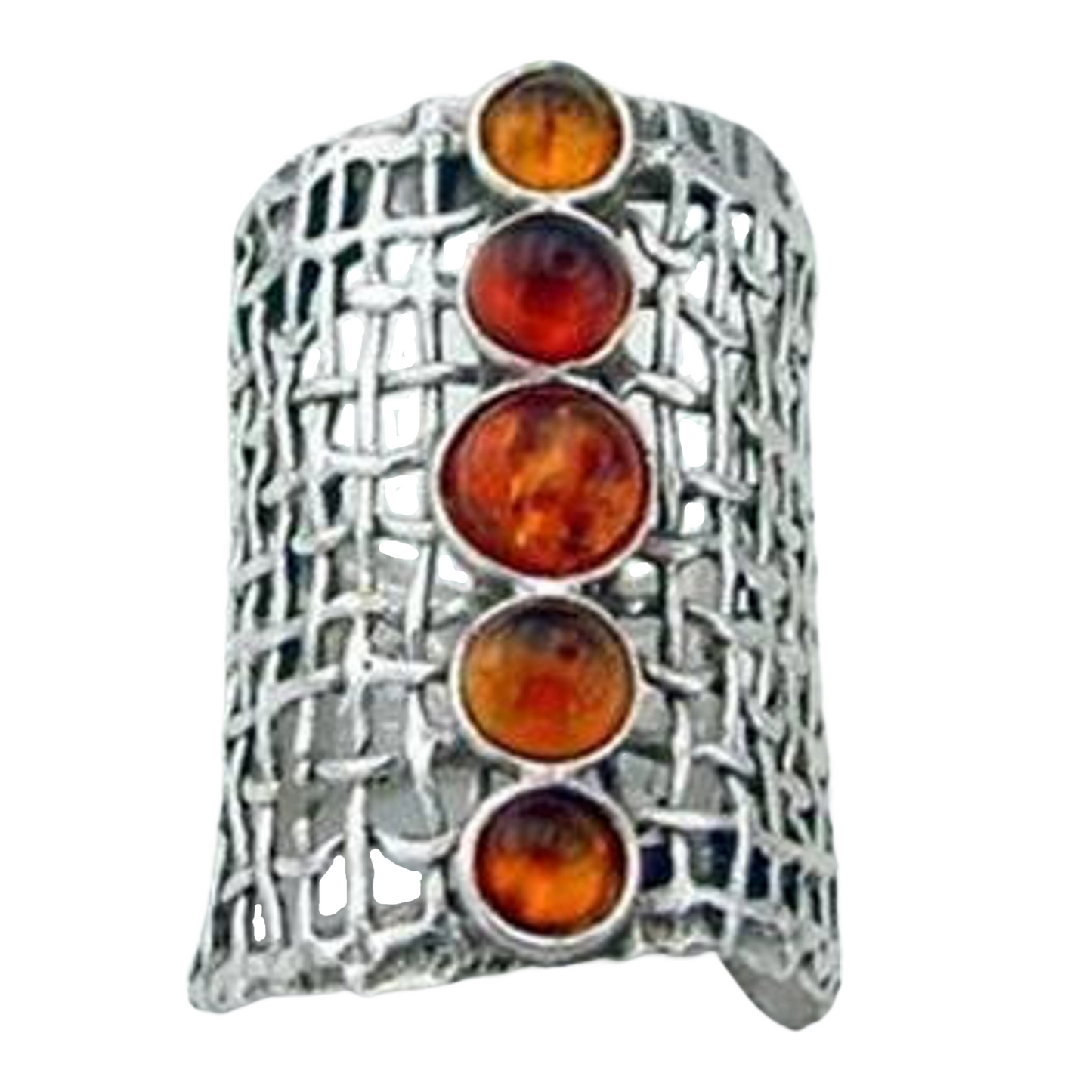 Sculptural sterling silver Net Textured Ring With Natural Amber Gemstones