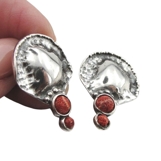 Solid Silver and Natural Red Coral 3cm earrings