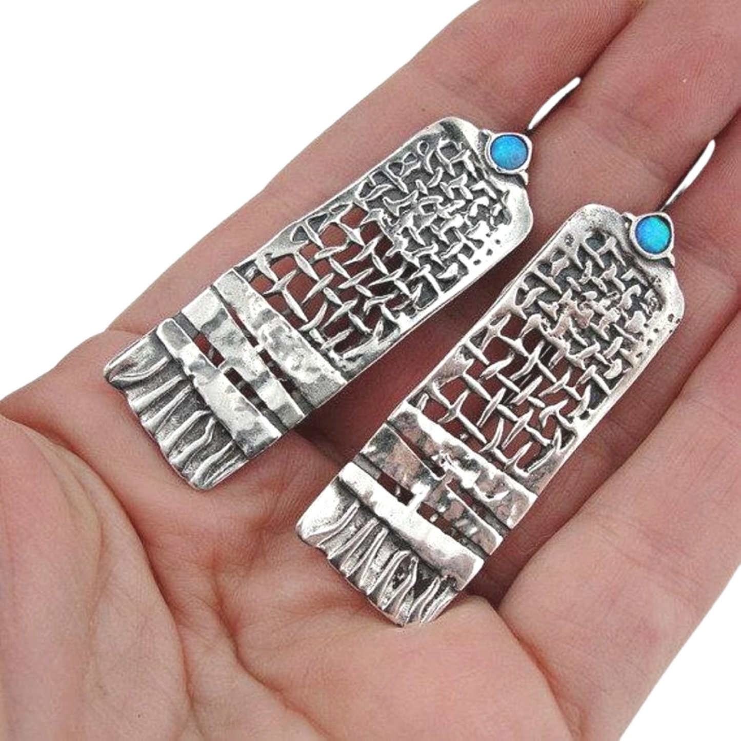 Solid Sterling Silver Net textured Earrings decorated with Mosaic Blue Opal