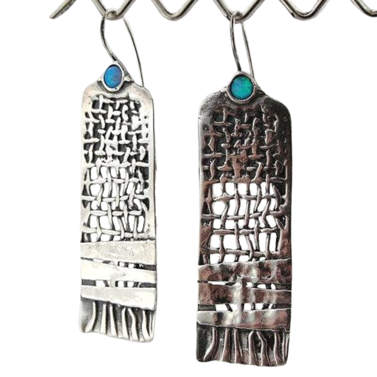 Solid Sterling Silver Net textured Earrings decorated with Mosaic Blue Opal
