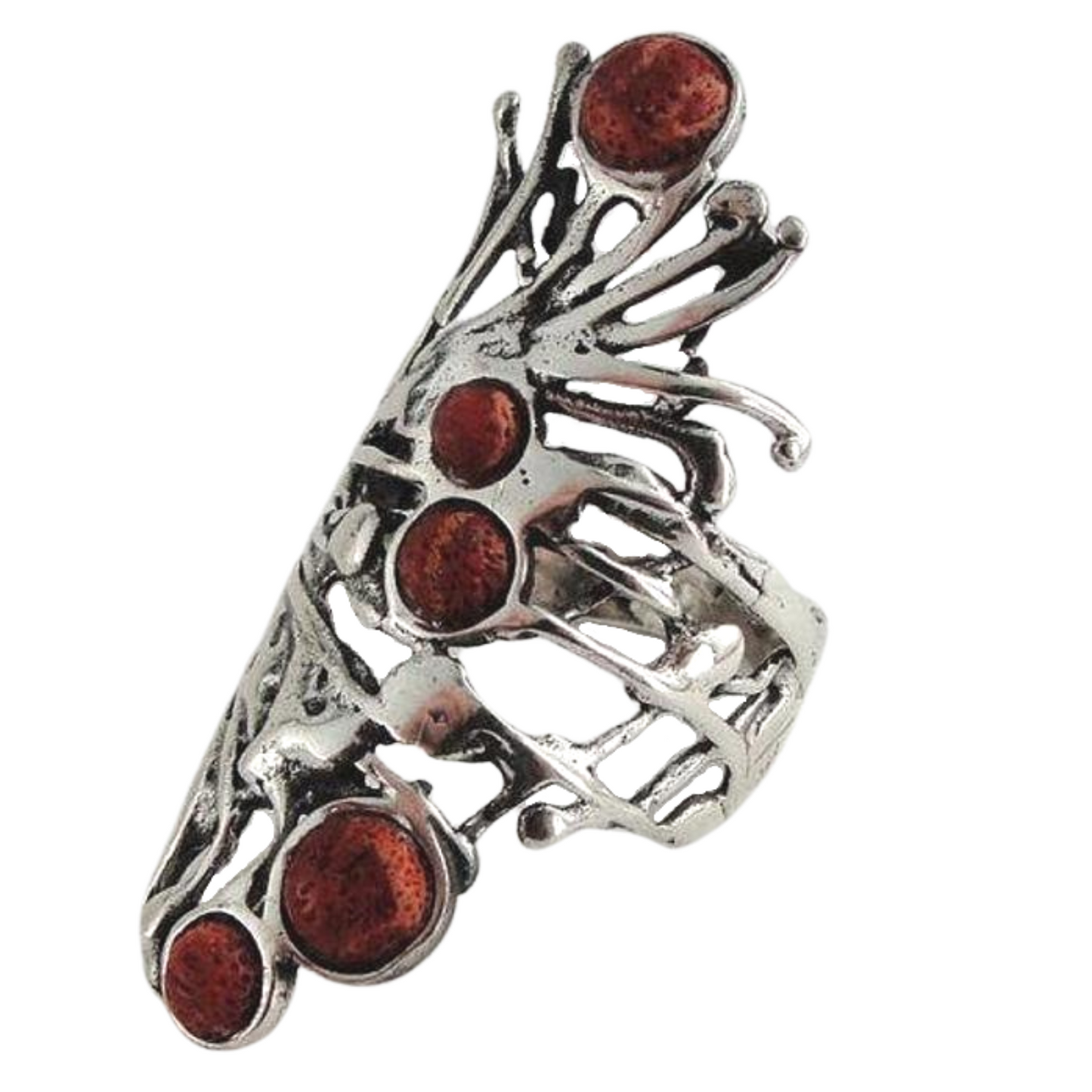 Long 925 Sterling Silver Sponge Coral Ring, Sculptural sterling silver Ring with Natural Coral. long ring, statement ring.