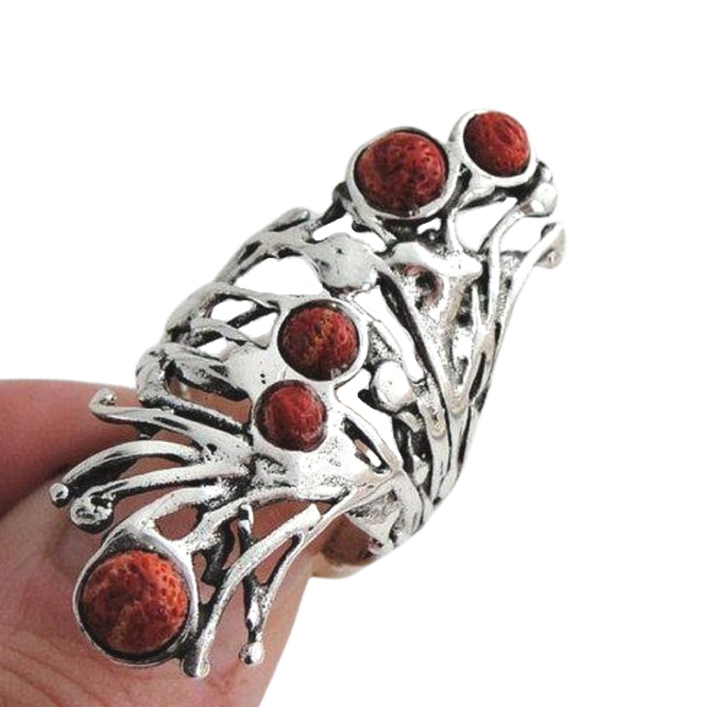 Long 925 Sterling Silver Sponge Coral Ring, Sculptural sterling silver Ring with Natural Coral. long ring, statement ring.