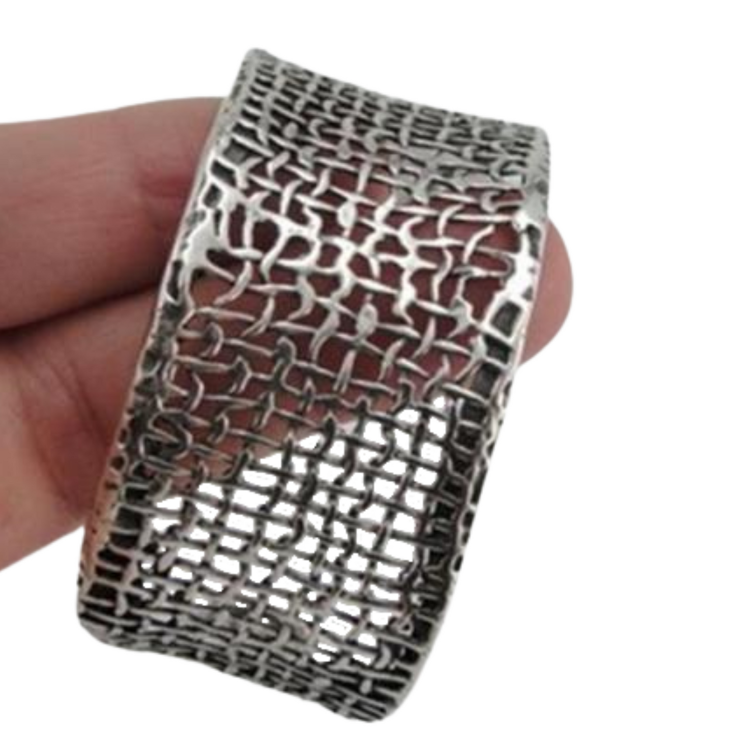 Solid Sterling Silver, Wide Net Textured Bracelet.