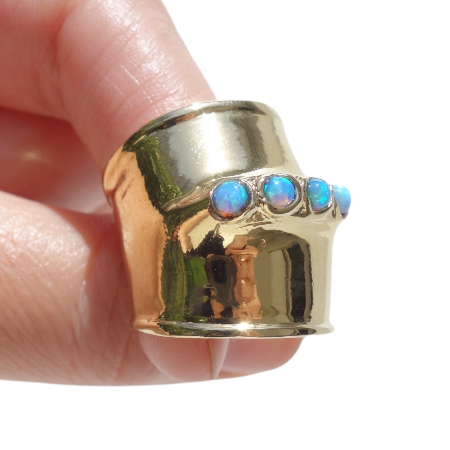 14K SOLID GOLD Armour Ring Decorated with Mosaic Opal Gemstones, Wide Ring