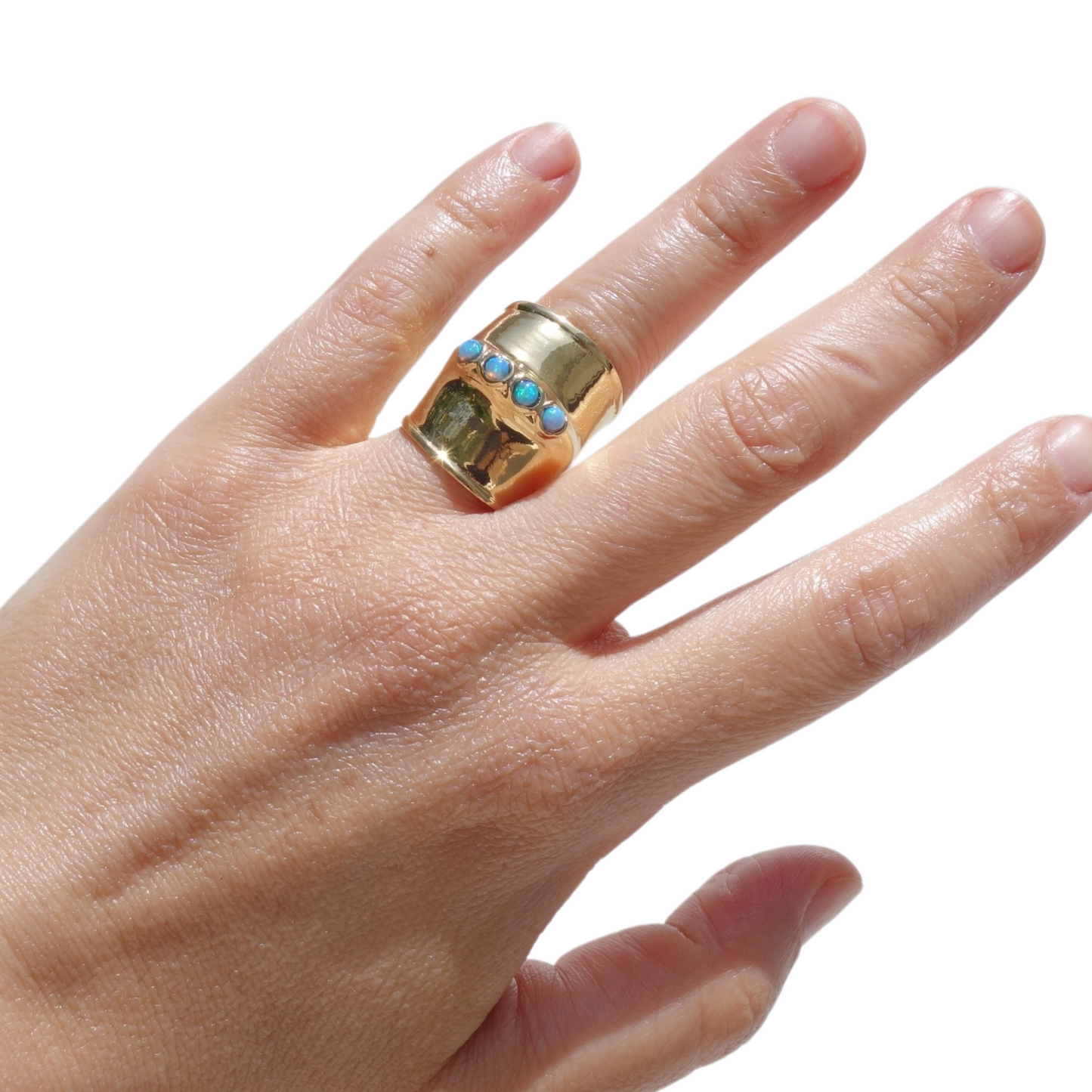 14K SOLID GOLD Armour Ring Decorated with Mosaic Opal Gemstones, Wide Ring
