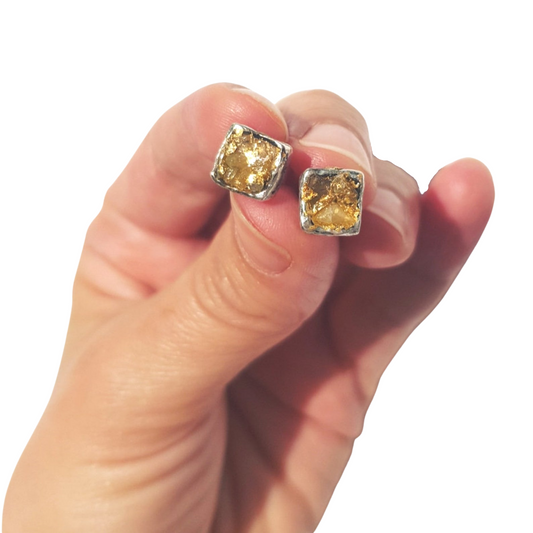 Hadar Designers 24k Gold Sterling Silver Raw Diamond Stud Earrings Handmade