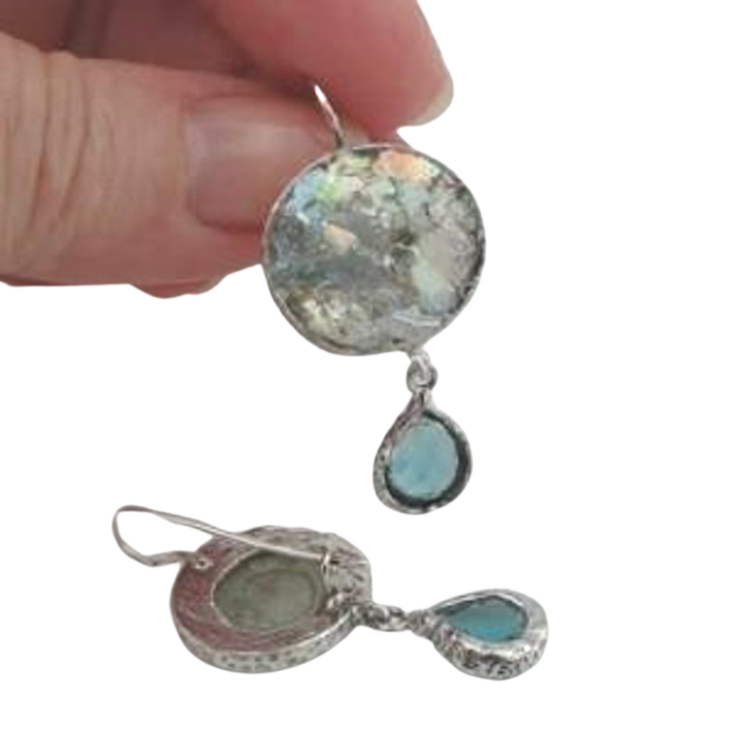 Handmade Sterling Silver Antique Roman Glass and Blue CZ Earrings