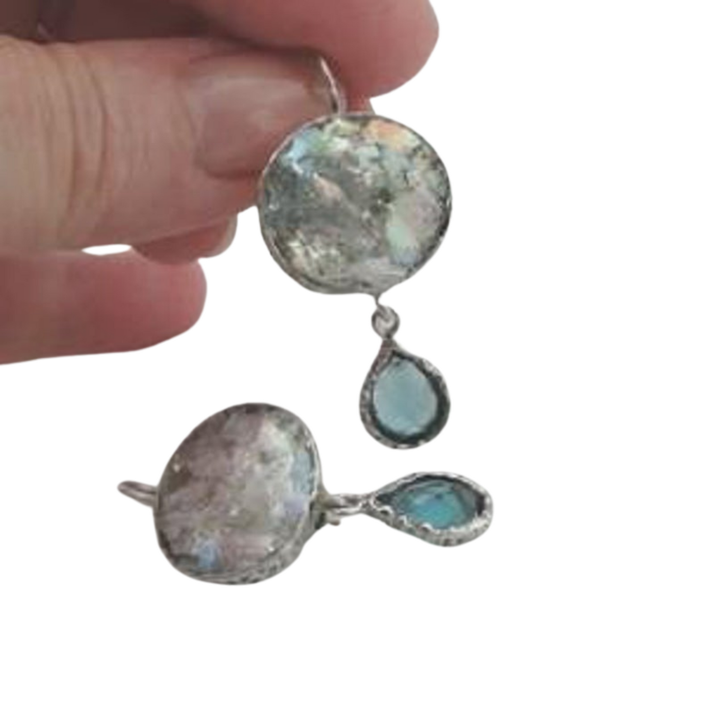 Handmade Sterling Silver Antique Roman Glass and Blue CZ Earrings