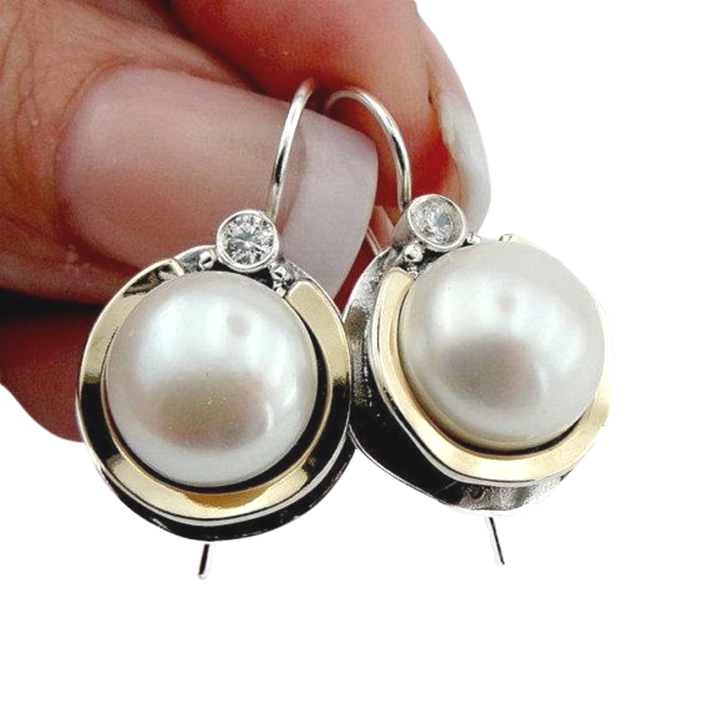 Big Pearls Dangle Earrings with Yellow Gold &amp; Sterling Silver – Ready to Ship for Christmas