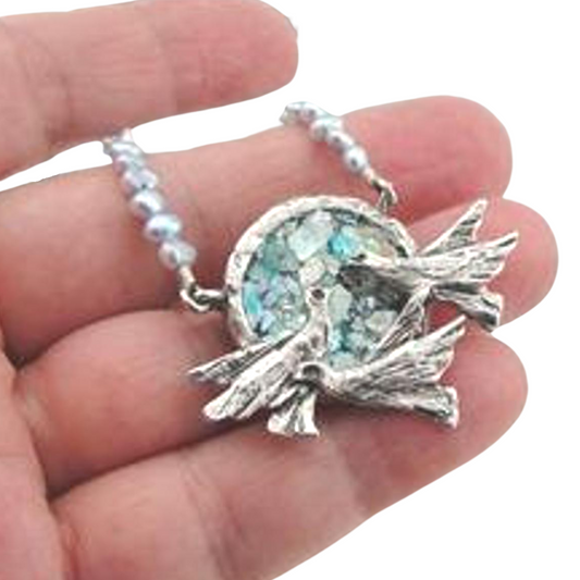 Israel Handmade 925 Silver Bird Roman Glass Pearl Necklace