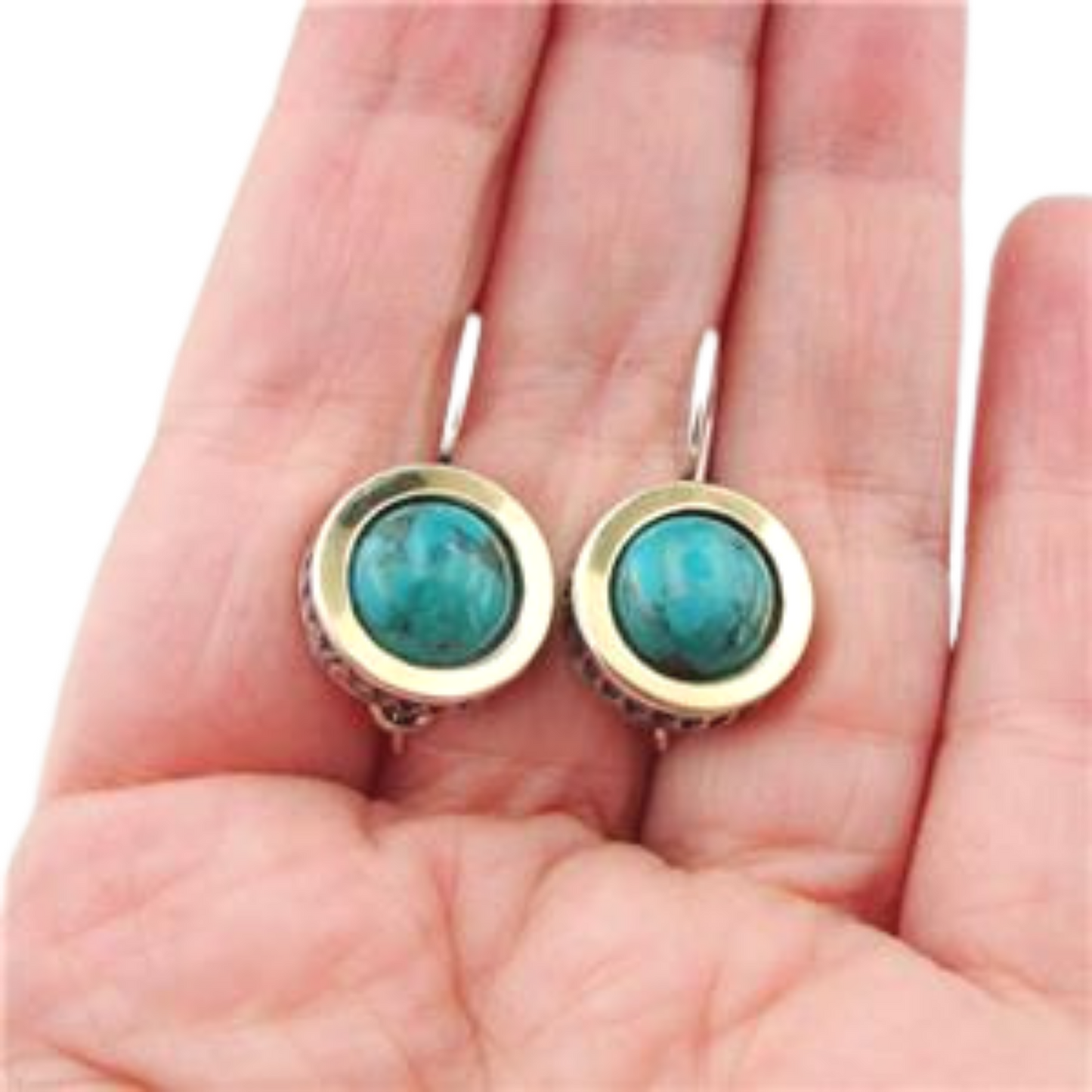 Sculptural Sterling Silver Earrings With Natural Turquoise Gemstones Decorated With a Yellow Gold Halo