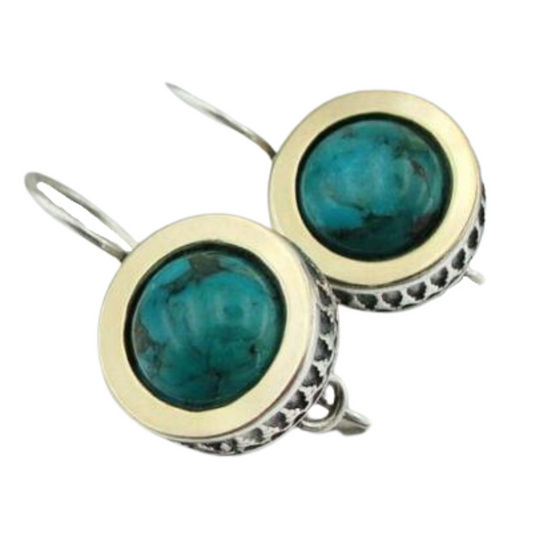 Sculptural Sterling Silver Earrings With Natural Turquoise Gemstones Decorated With a Yellow Gold Halo