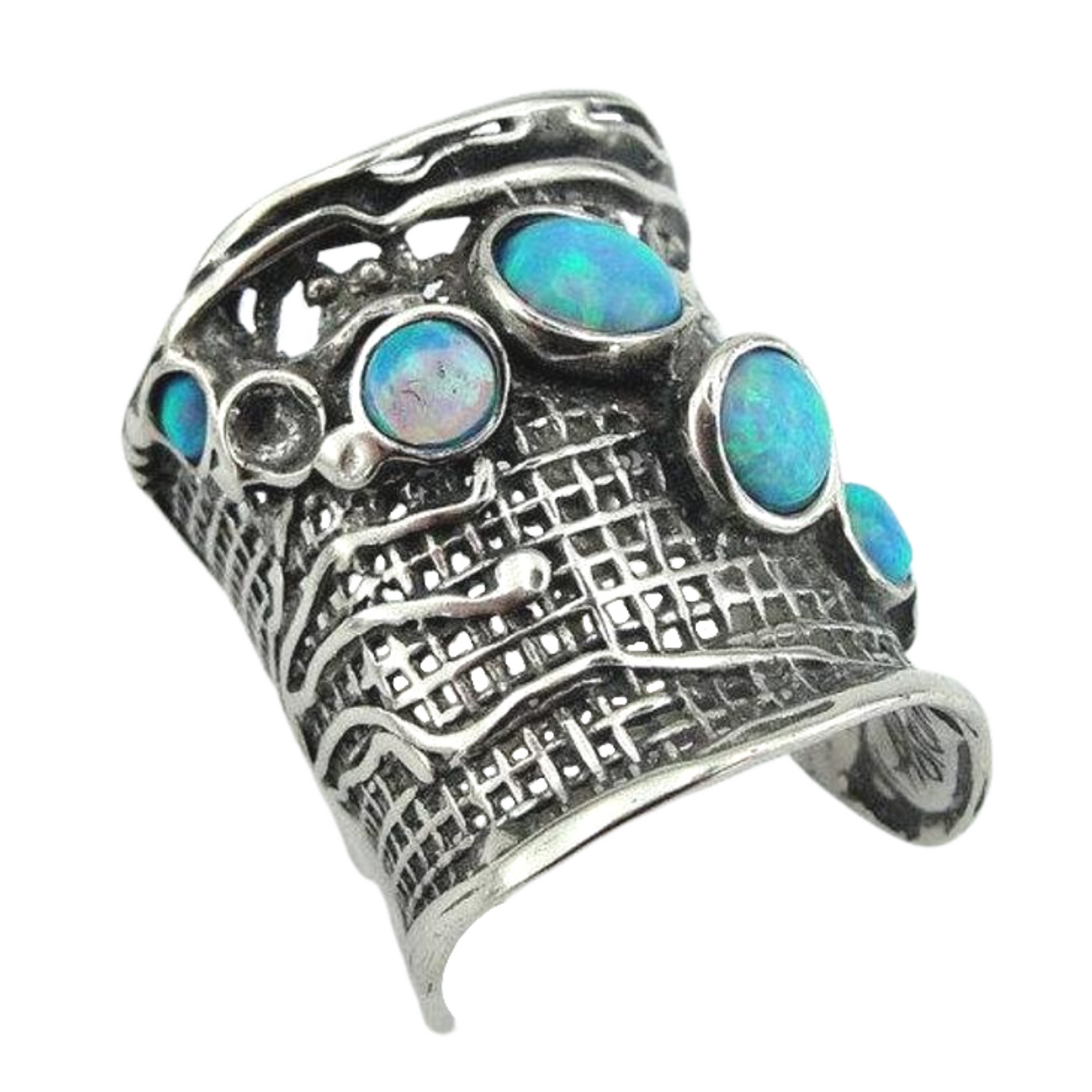 Sterling silver "net" texture, wide ring, blue mosaic opal
