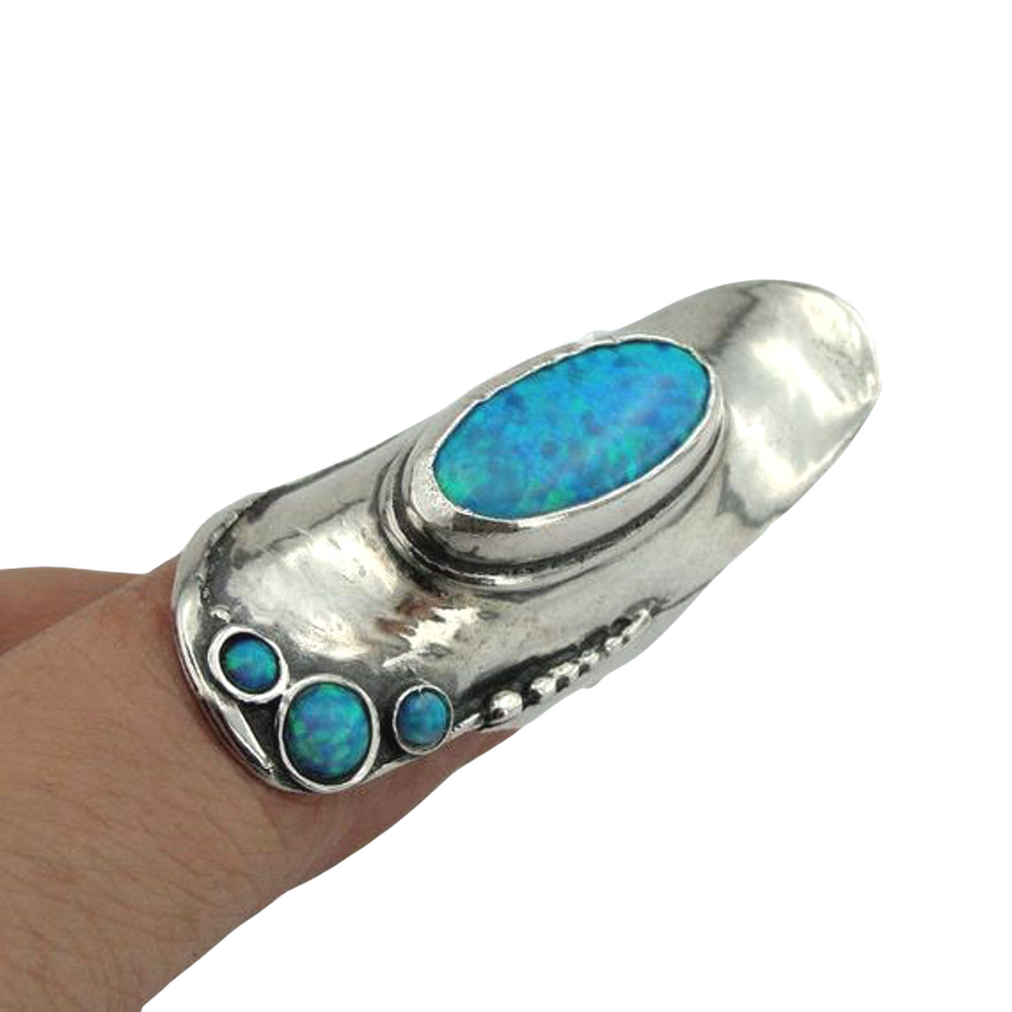Bold Solid Silver Blue Opal Ring, 925 Sterling Silver Opal Ring, Long Ring, Handcrafted Opal Ring, Blue Stone Ring,  October Birthstone