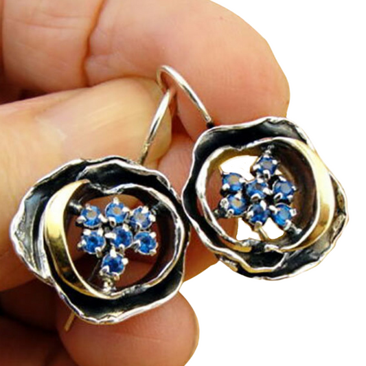 Rose contour 9K Gold, Sterling silver and Blue Zircon mid size Earrings, flower shape earrings
