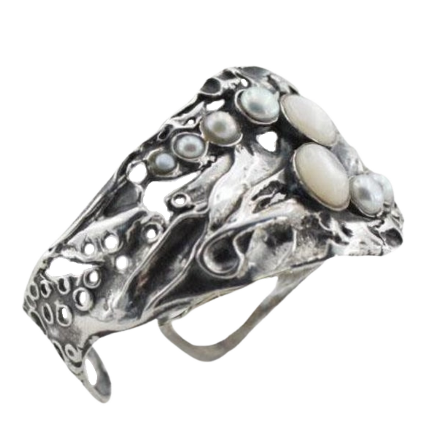 Duerry's Handmade fine silver Cuff Bracelet with Opalit and pearls, statement jewelry, artistic fine jewelry bracelet