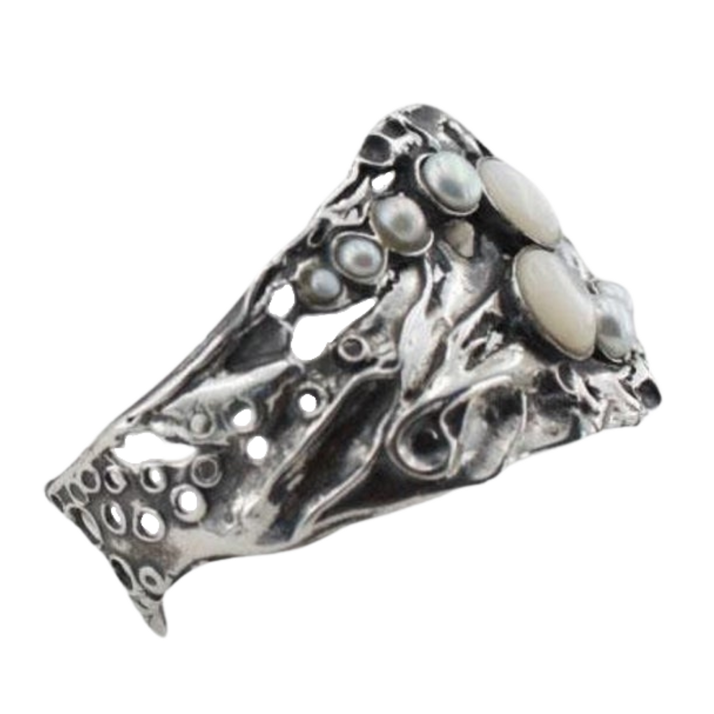 Opalit and Pearls Cuff Bracelet, Sterling Silver Bracelet with Opalit and pearls, statement jewelry, artistic fine jewelry bracelet