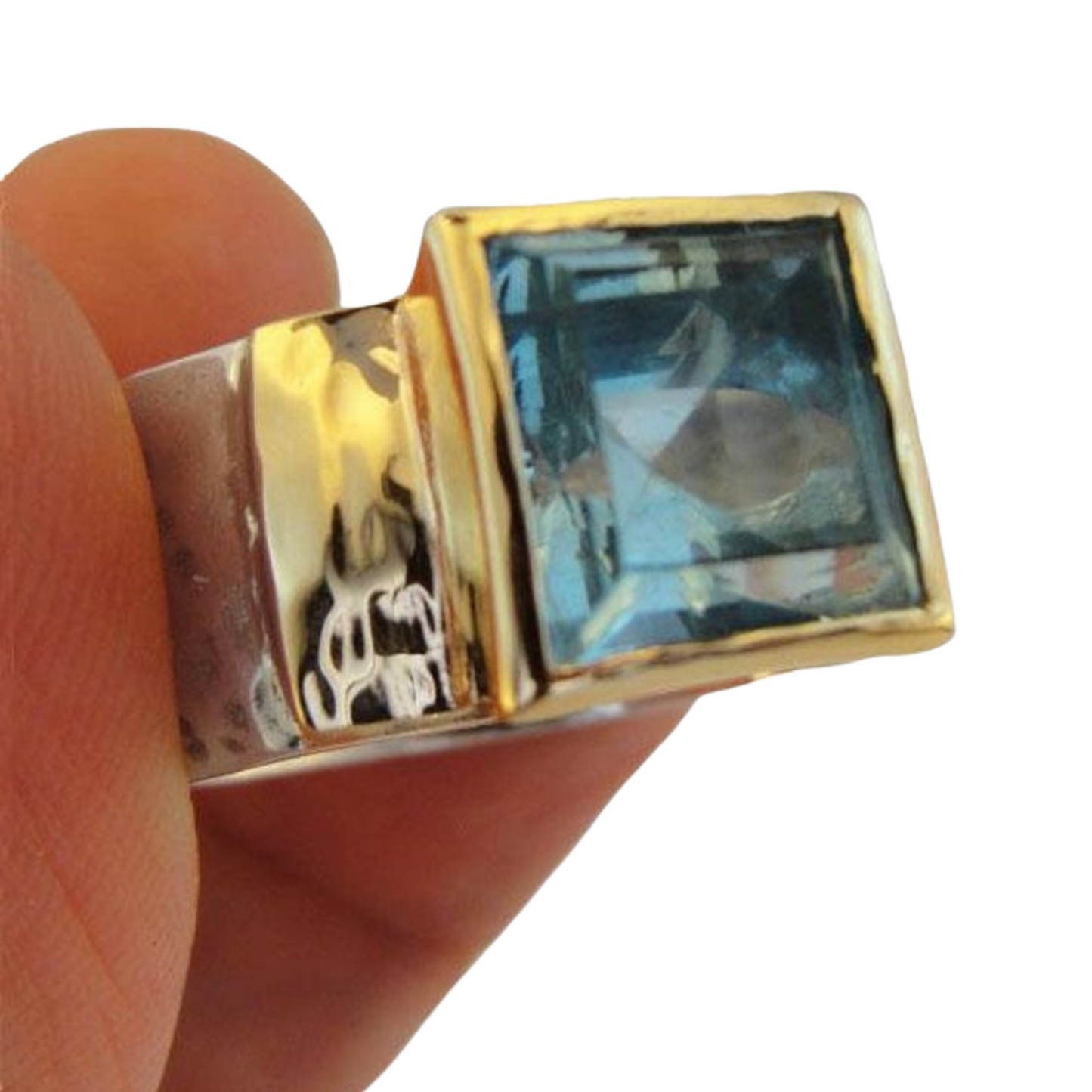 Square Blue Topaz Ring, silver and gold, chunky ring, square gemstone ...