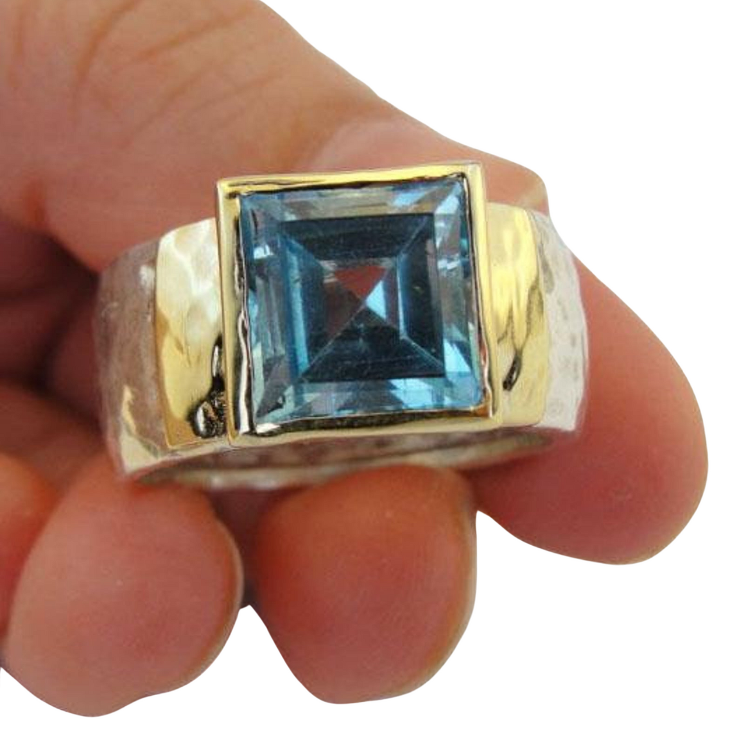 Square Blue Topaz Ring, silver and gold, chunky ring, square gemstone, wide ring, unisex style, ring for man, ring for woman