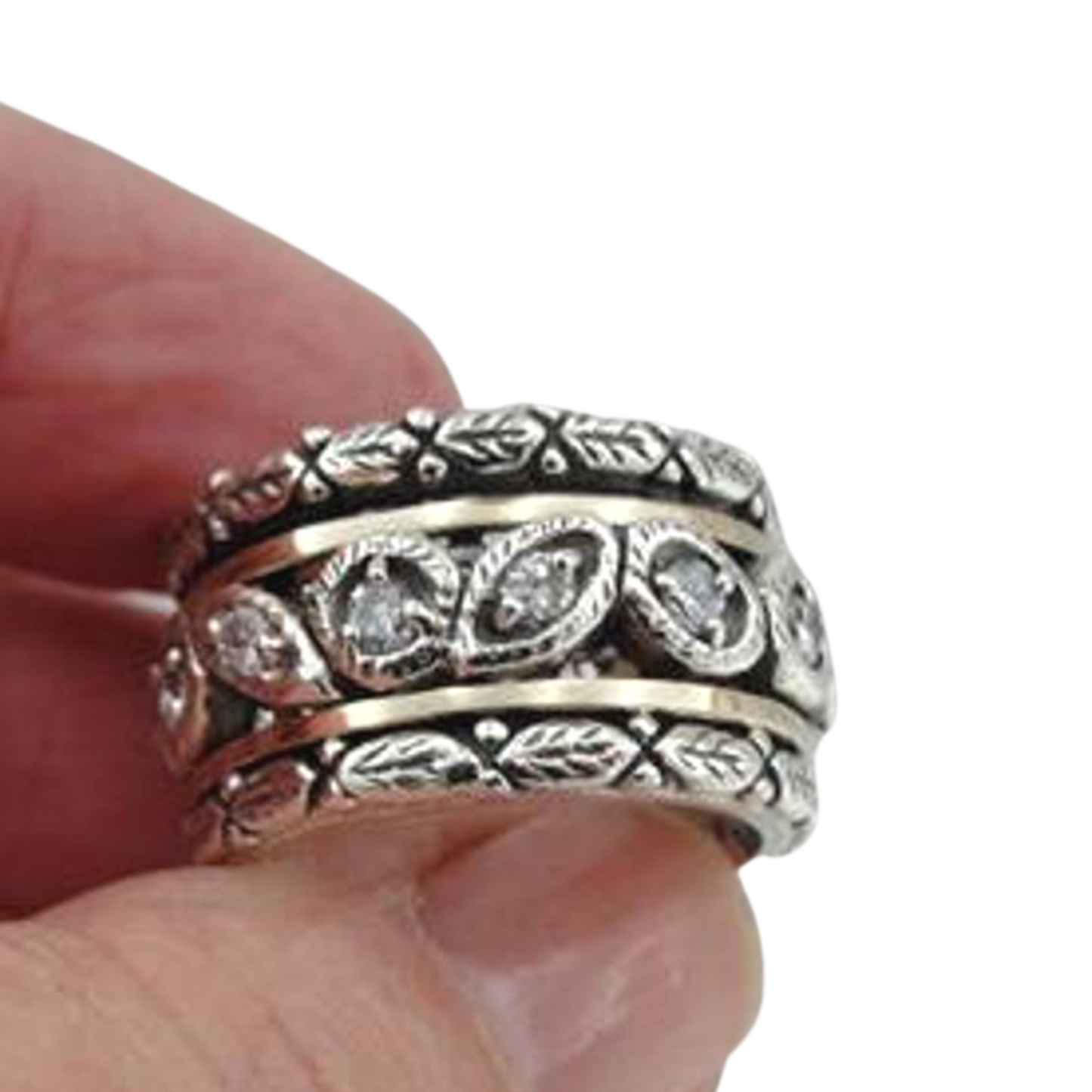 Spinner Band, 9K Yellow Gold Ring , 925 Silver, Swivel band ,white zircon