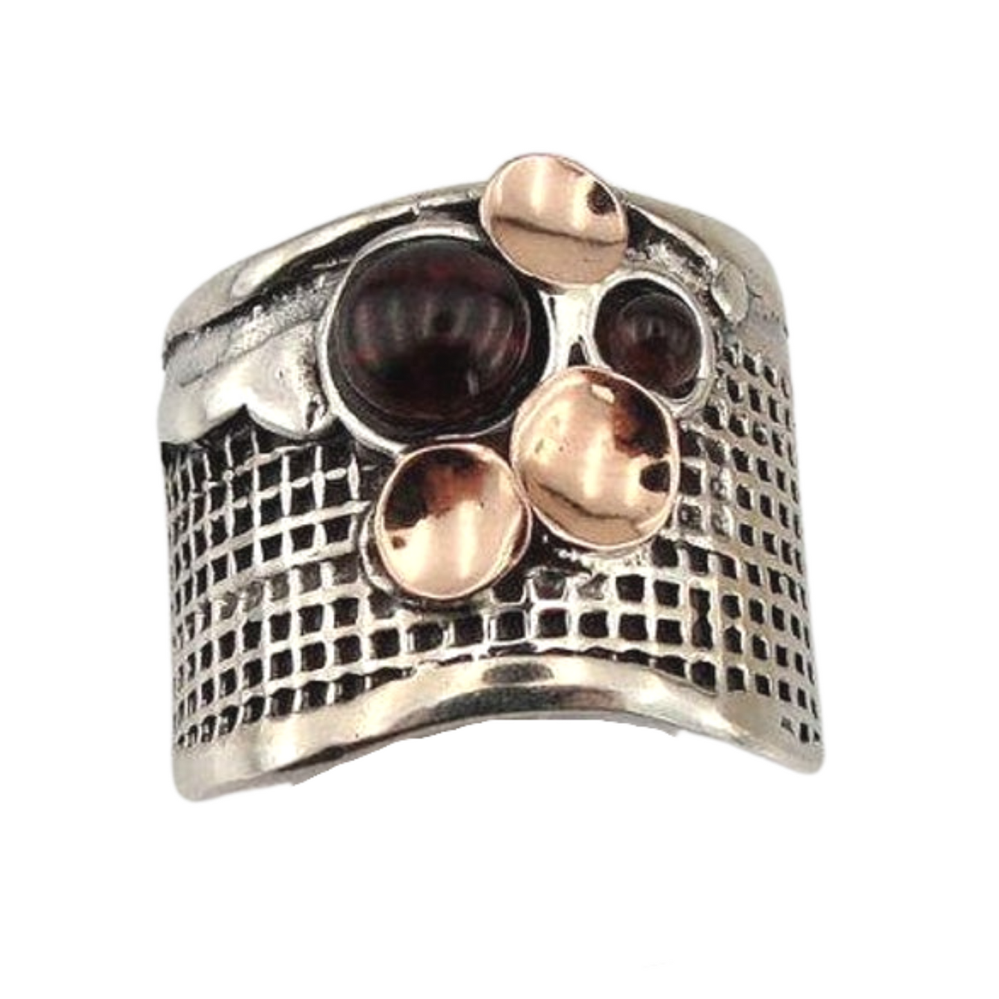 Wide Textured Silver Ring, Decorated with Red Gold And Natural Garnet Gemstones