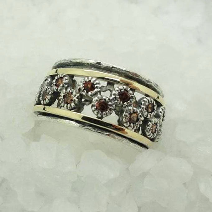 9k Yellow Gold Statement Swivel Ring Red Zircons Gift for Her