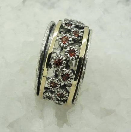 9k Yellow Gold Statement Swivel Ring Red Zircons Gift for Her