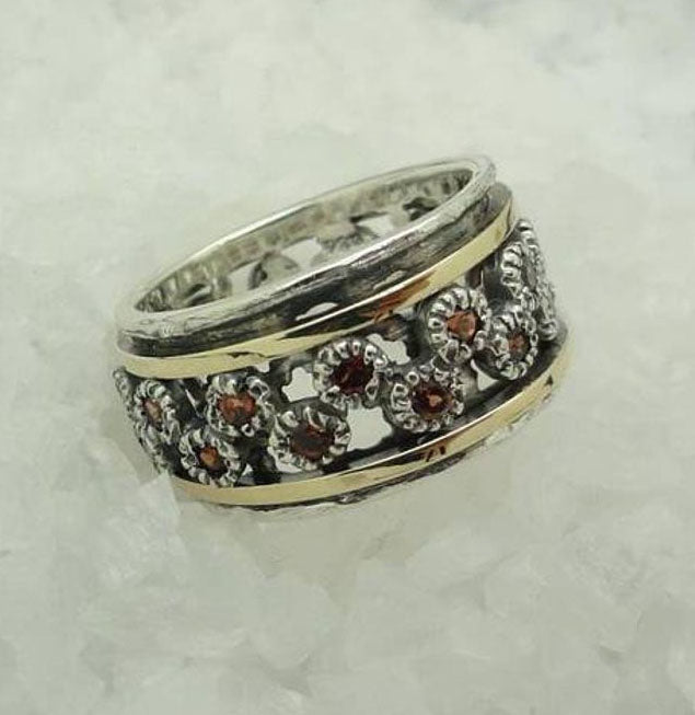 9k Yellow Gold Statement Swivel Ring Red Zircons Gift for Her
