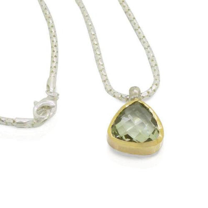 Triangular Natural Green Amethyst Framed with Yellow Gold Pendant, Set With a Beautiful Sterling Silver Necklace, Fine Jewelry