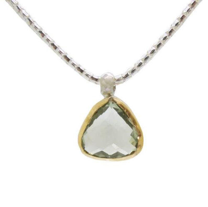 Triangular Natural Green Amethyst Framed with Yellow Gold Pendant, Set With a Beautiful Sterling Silver Necklace, Fine Jewelry