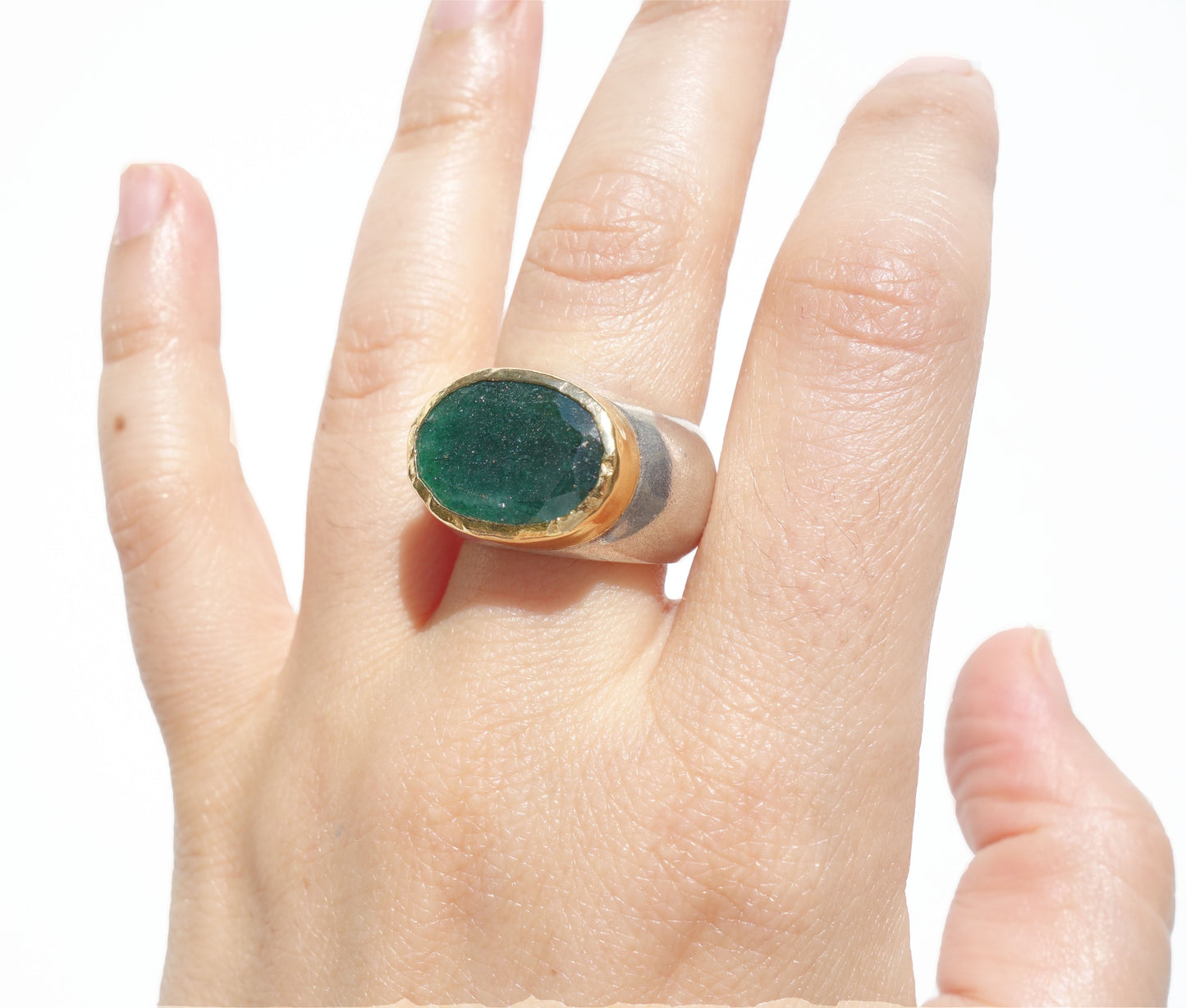 Oval natural Emerald ring, sterling silver ring with natural Emerald gemstone decorated with Gold, READY TO SHIP Size 8us
