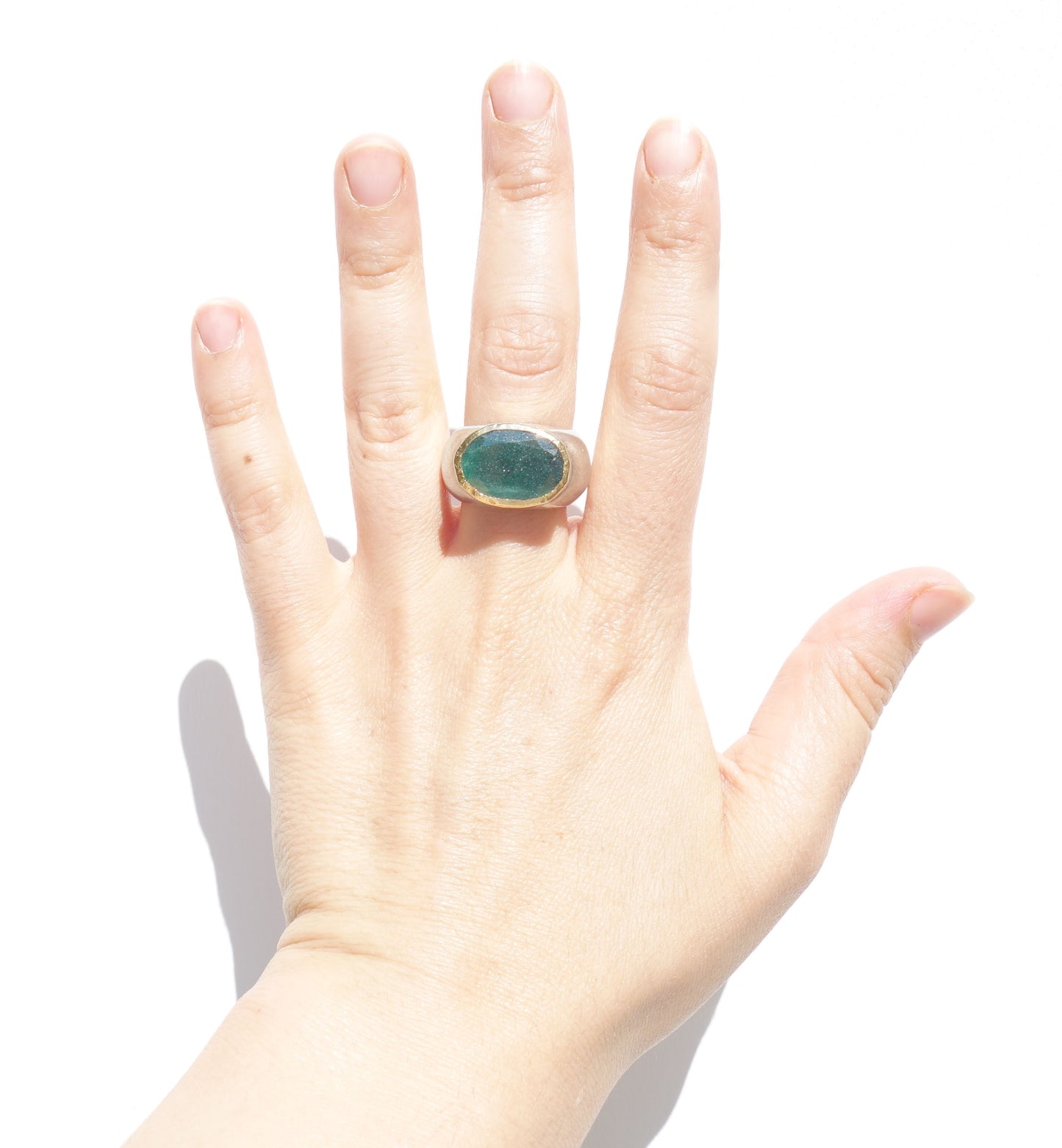 Oval natural Emerald ring, sterling silver ring with natural Emerald gemstone decorated with Gold, READY TO SHIP Size 8us