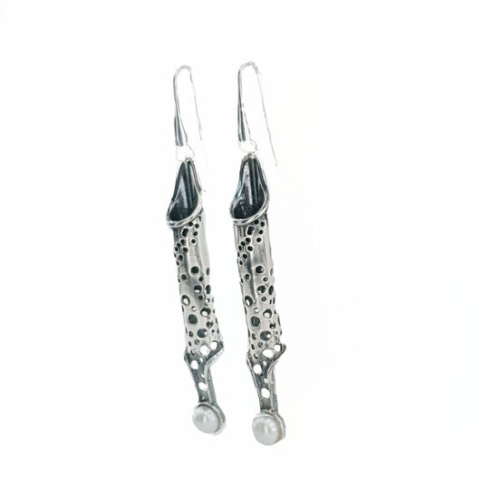 Hadar Designers Handmade Long 925 Sterling Silver Pearl Earrings