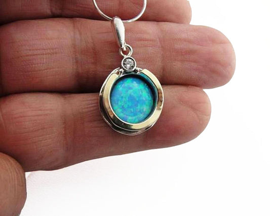 Round shape opal pendant Solid Sterling silver Base Decorated with Yellow Gold