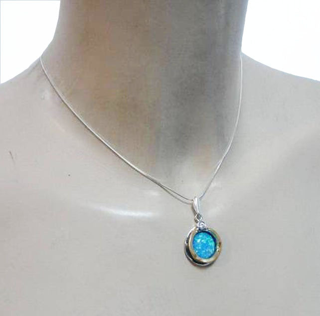 Round shape opal pendant Solid Sterling silver Base Decorated with Yellow Gold
