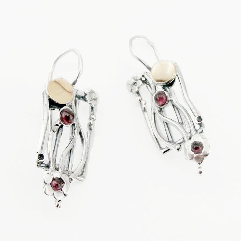 Dangle Garnet Earrings Handmade 9K Yellow Gold 925 Sterling Silver Garnet Earrings