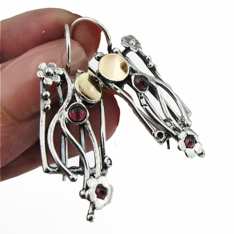 Dangle Garnet Earrings Handmade 9K Yellow Gold 925 Sterling Silver Garnet Earrings